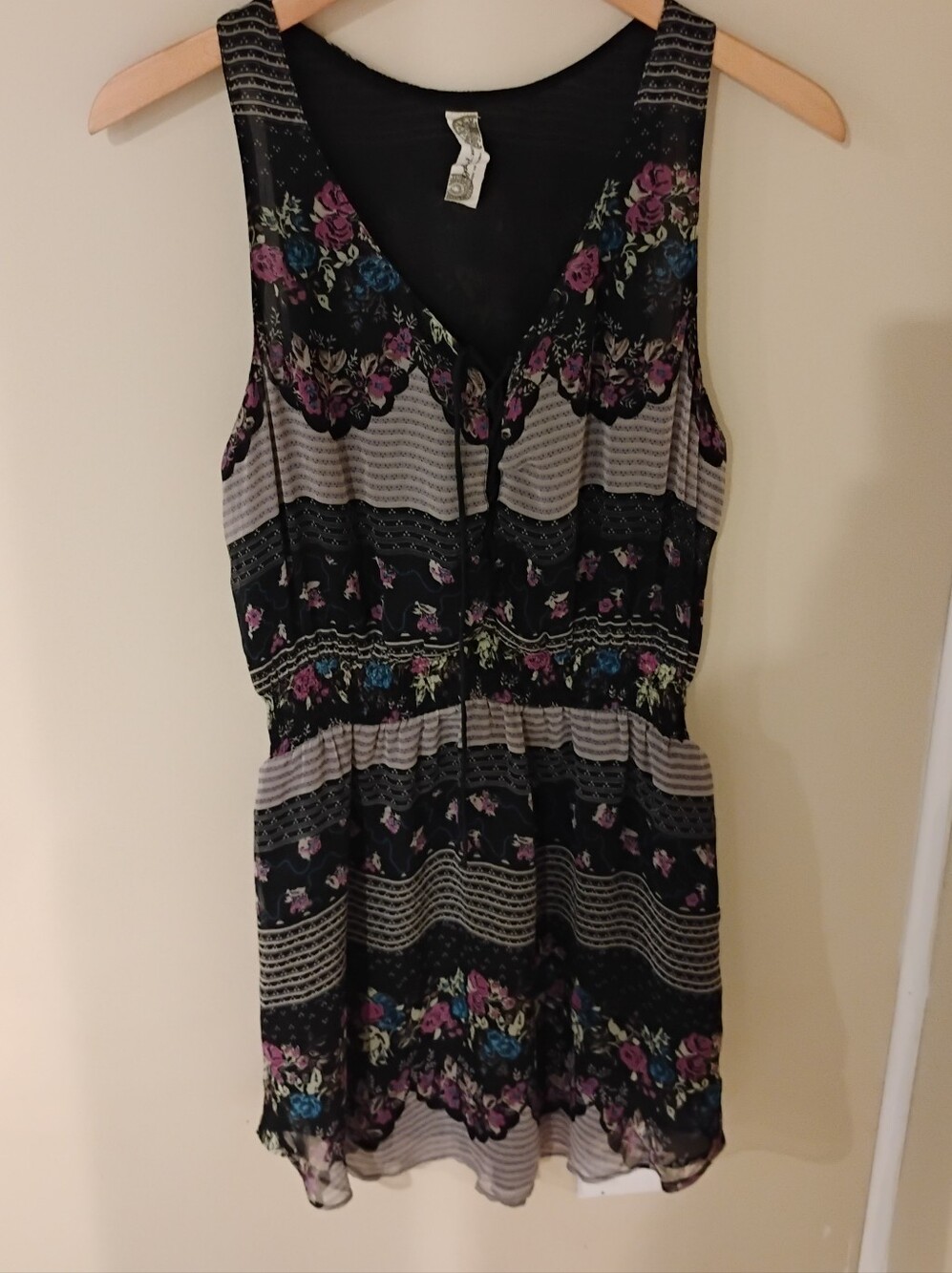 Free People Old Style Lace up Sleeveless Boho Mixed Print Twee Dress